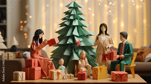 Family having a Christmas party, with Christmas Tree and Presents, Origami Style © UrbanOrigami