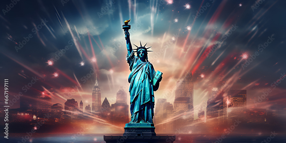 A statue of liberty with a sky background and stars in the background The famous new york many graffiti statue of liberty generative AI - obrazy, fototapety, plakaty 