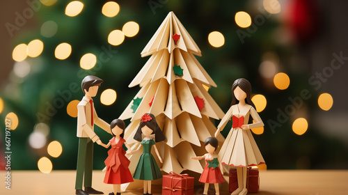 Family having a Christmas party, with Christmas Tree and Presents, Origami Style photo