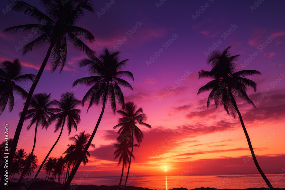 Colorful sunset over a palm trees silhouette in a beautiful natural tropical environment