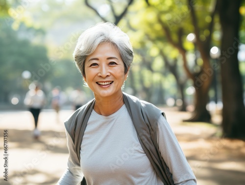 A radiant elderly woman smiles as she stands amidst a serene park, sunlight filtering through the trees, exercise, fitness, walk, outdoors, fun, 