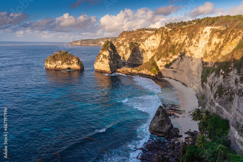Top view from drone, Seascape of Atuh Beach and Diamond Beach Bali from Jogglo Viewpoint, Nusa Penida Island in the morning, Bali, Indonesia.