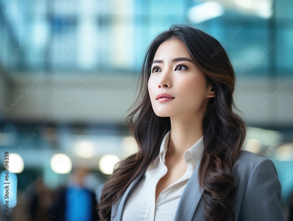 A poised woman in a business setting, her gaze directed upward, showcasing her radiant features against the blurred backdrop of a modern building interior. A poised woman in a business setting, her gaze directed upward, showcasing her radiant features against the blurred backdrop of a modern building interior.