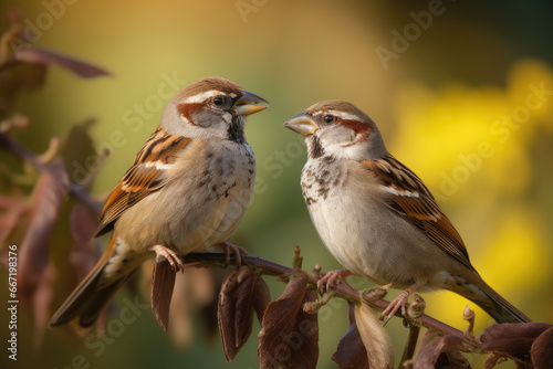 Two sparrows standing on a branch - Generative AI © MadalinaIonela