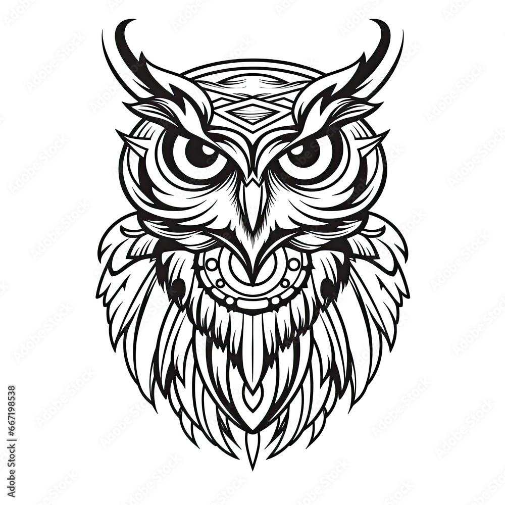 a drawing of a owl in black and white. Tattoo idea for a bird, wildlife, hipster theme.