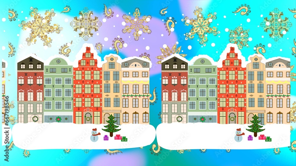 Christmas illustration on blue, neutral and white colors. Merry christmas card with house. Happy new year. Raster illustration.