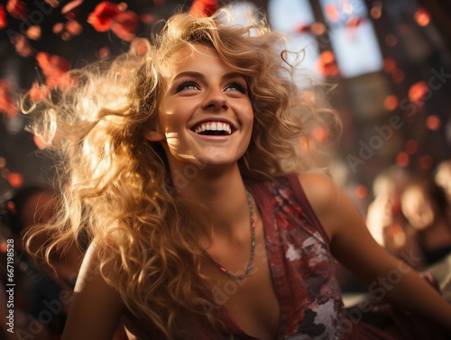 A radiant young woman with flowing blonde hair is caught in a moment of pure joy. Surrounded by a bokeh of warm lights and petals, she embodies the spirit of celebration.