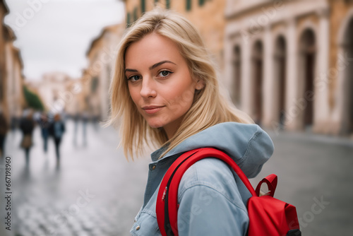 Young blonde woman enjoying vacation in Europe. Backpacing in the streets of an european city