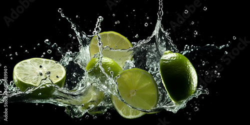 front view Fresh green limes splashed with water on black and blurred background Fresh limes falling in the water with a splash, generative AI

