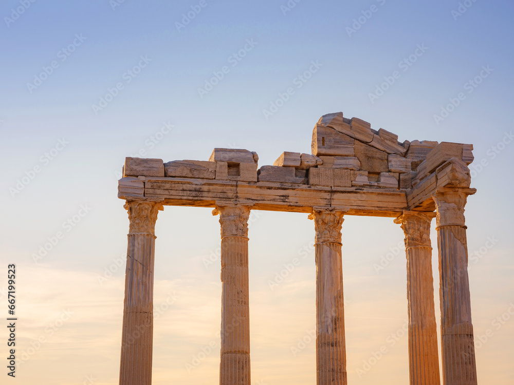 travel to ancient city of Side, Antalya coast of Turkey in tourist low season. Ruins of the Temple of Apollo in Side