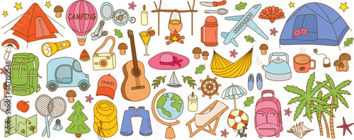 Hiking and camping elements in a large set in doodle style. Summer camp, outdoor recreation, picnic, camping equipment, tourism. Icons for books, posters. Vector illustration on a white background. © Liliy