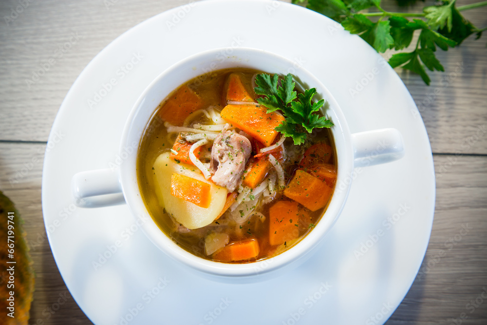 Autumn soup with chicken, noodles and autumn vegetables in a bowl . Autumn soup with chicken, noodles and autumn vegetables in a bowl .