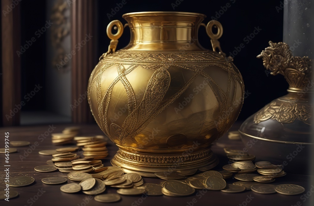 Gold vase with gold coins. Generative ai Gold vase with gold coins. Generative ai