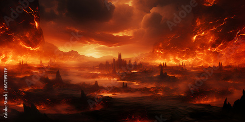 Landscape lava red volcano game background mountains destructions domain, digital art, generative AI 