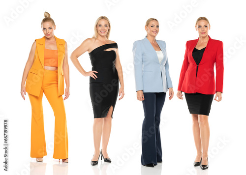 Collage of a same middle aged senior woman in different clothes posing on a white studio background