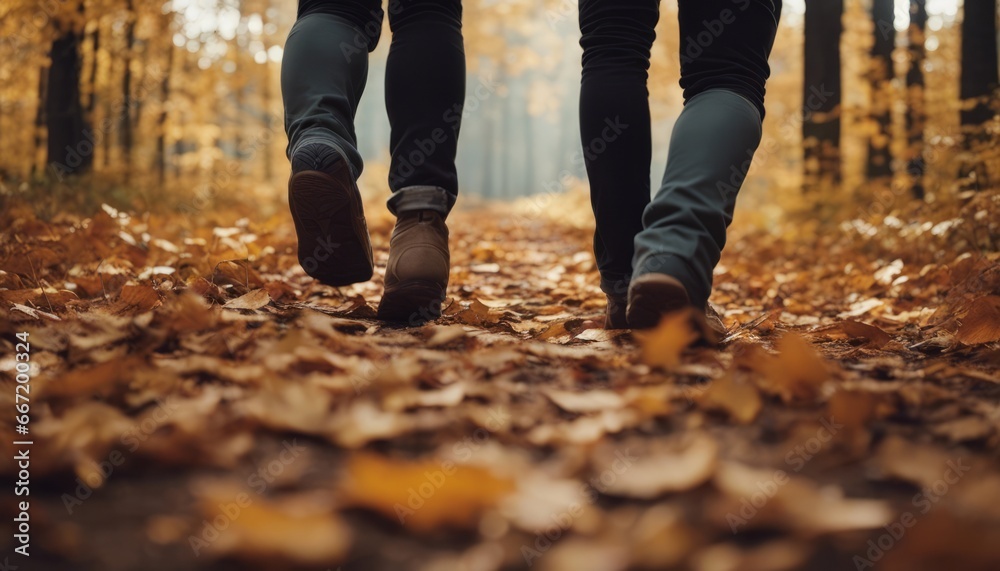 Group of tourists walks along the path of the autumn forest. Feet close-up Group of tourists walks along the path of the autumn forest. Feet close-up