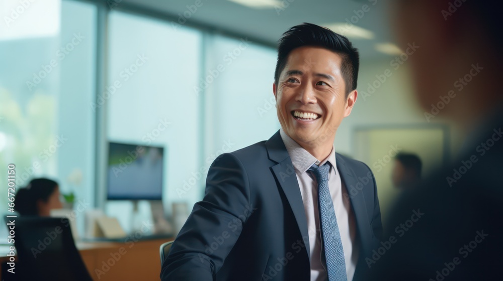 Fototapeta premium Portrait of attractive confident businessman looking at camera in the office. CEO manager photo in the office with a blurred background