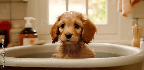 Dachshund puppy bathes in vintage bathroom , generated AI