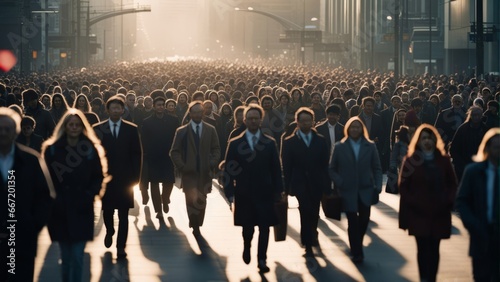 Large crowd of people commuting to work in the morning