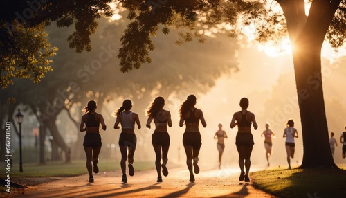 woman and her friends are running for health in the morning sunrise at park