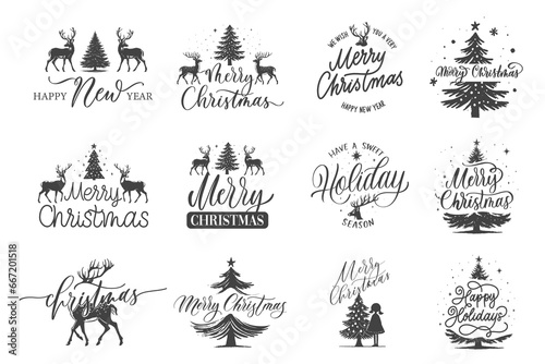 Merry Christmas. Happy New Year. Typography set. Vector logo, emblems, text design. Usable for banners, greeting cards, gifts etc.