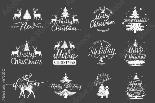 Merry Christmas. Happy New Year. Typography set. Vector logo, emblems, text design. Usable for banners, greeting cards, gifts etc.