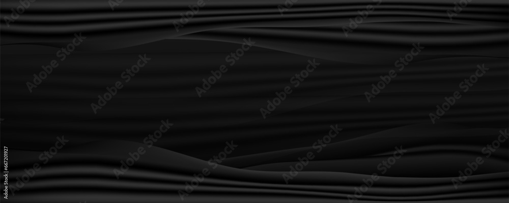 Abstract wave vector background smooth, luxury, black fabric silk satin texture. Elegant dark cover, banner, business card element.