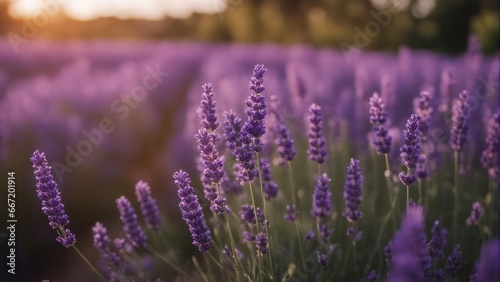 Lavender. Blooming fragrant lavender flowers on a field, closeup. Violet background of growing laven