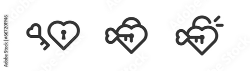 Heart shaped padlock with key in keyhole icon, love, romance, happy st Valentines day simple outline flat style vector illustration.