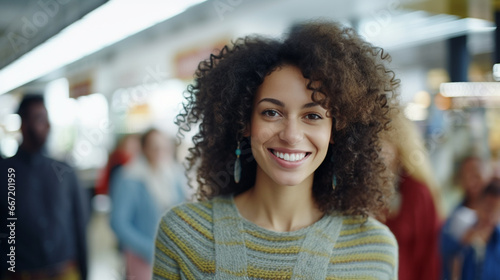 Young African-American woman with curly hair smiles in lively grocery store, spreading positivity while shopping.