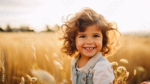 Capturing the innocence and happiness of a child, this photo features a radiant smile against the picturesque backdrop of a golden wheat field in the warm evening sunlight