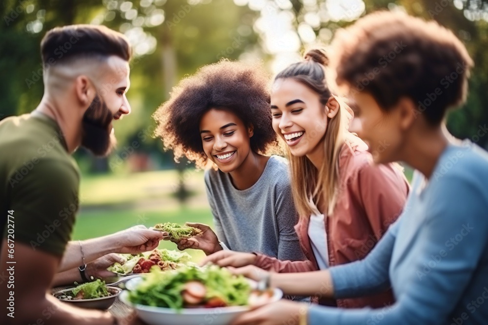 group diversity young people eating healthy salad after exercising in the park in tracksuit in daytime group diversity young people eating healthy salad after exercising in the park in tracksuit in daytime