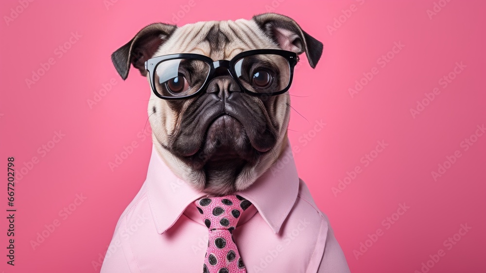 A pug dog with glasses and a polka dot tie.