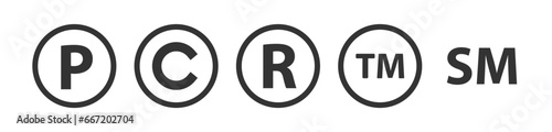 Trademark copyright icon set. Registered patent symbol. Legal copyright P, C, R, TM, SM sign in circle, intellectual property. Line style icon for web design. Vector illustration.
