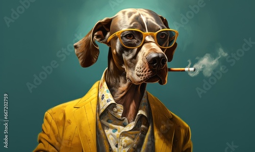  a dog with glasses smoking a cigarette, in the style of realistic fantasy artwork