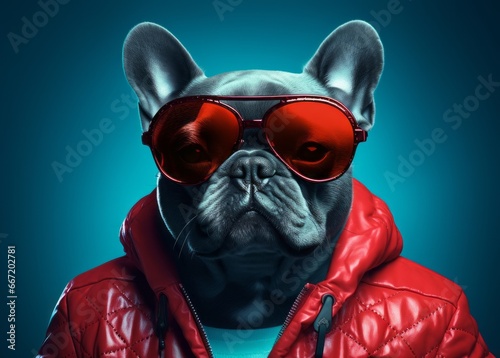 french bulldog in sunglasses and a red jacket © Positive Click