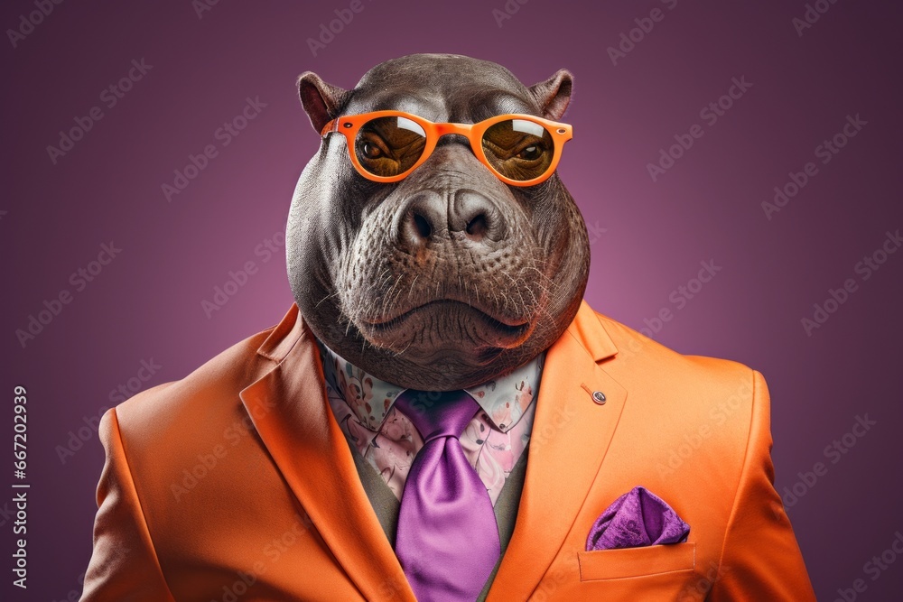A hippo in a suit with sunglasses, in the style of dark orange and violet. A hippo in a suit with sunglasses, in the style of dark orange and violet.