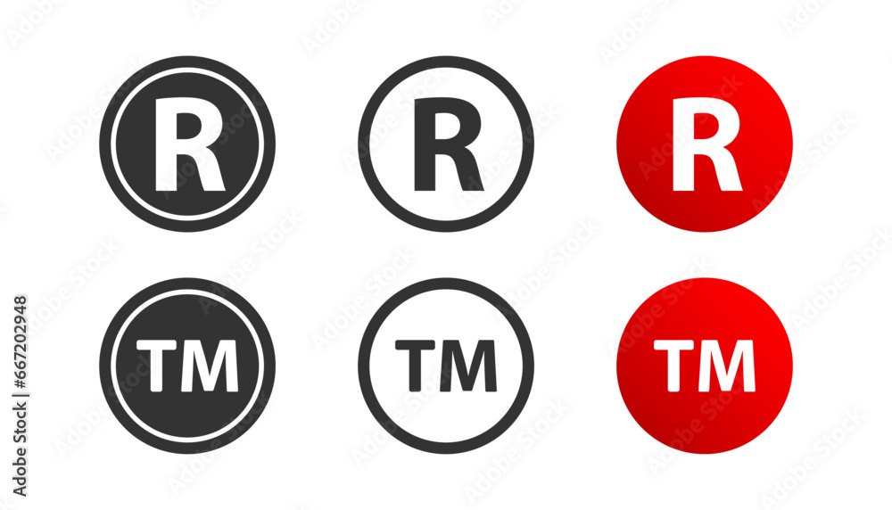 Trademark copyright icon set. Registered patent symbol. Legal copyright TM, R sign in circle, intellectual property. Flat and colored style icon for web design. Vector illustration. Trademark copyright icon set. Registered patent symbol. Legal copyright TM, R sign in circle, intellectual property. Flat and colored style icon for web design. Vector illustration.