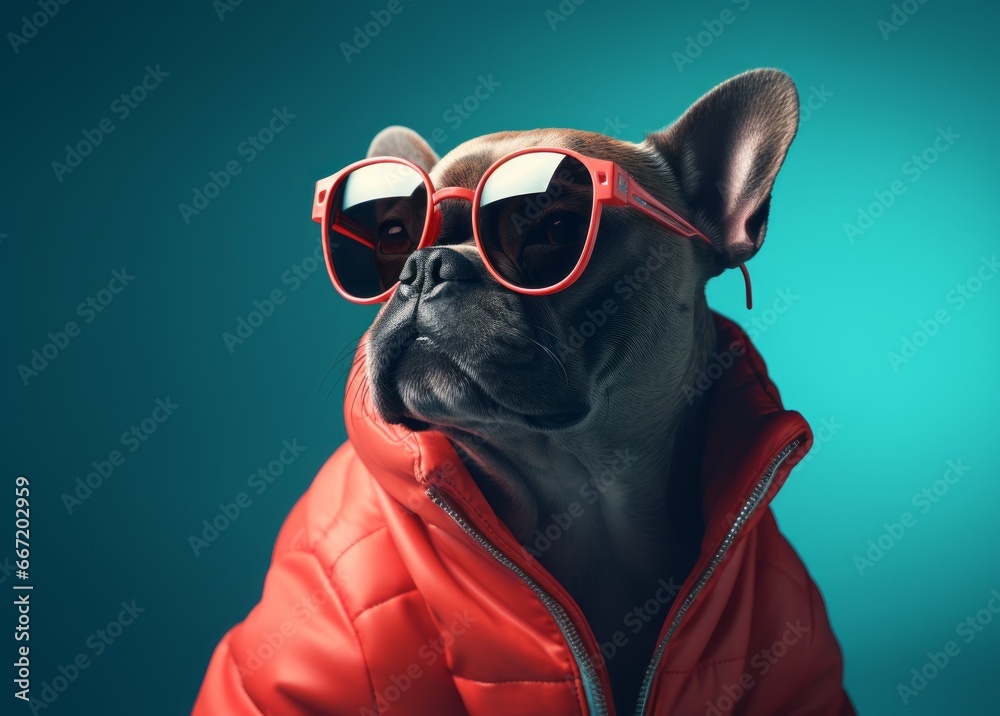 A french bulldog in a red jacket and sunglasses.