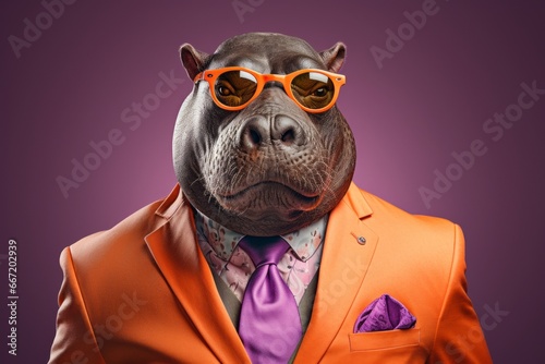 A hippo in a suit with sunglasses, in the style of dark orange and violet. © Positive Click