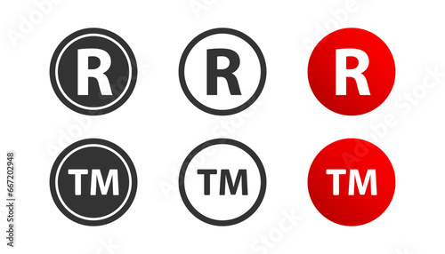 Trademark copyright icon set. Registered patent symbol. Legal copyright TM, R sign in circle, intellectual property. Flat and colored style icon for web design. Vector illustration.