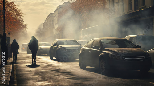 Cars on the street of the city are stuck in a traffic jam. Heavy smoke photo