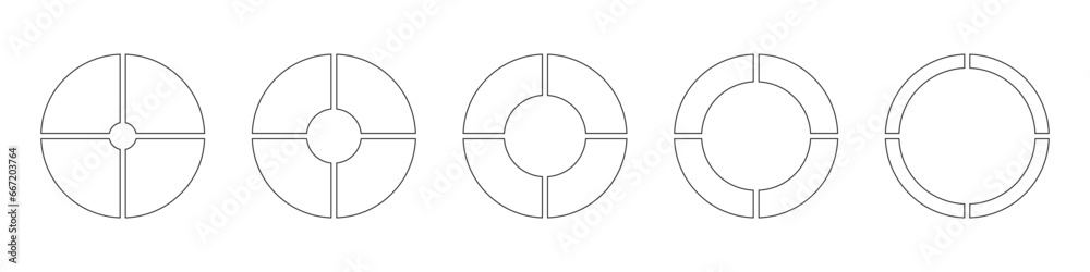 Wheels round divided in four sections. Diagrams infographic set. Circle section graph. Line art. Outline donut charts, pies segmented on 4 equal parts. Pie chart icon. Geometric vector simple element. Wheels round divided in four sections. Diagrams infographic set. Circle section graph. Line art. Outline donut charts, pies segmented on 4 equal parts. Pie chart icon. Geometric vector simple element.