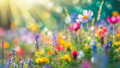 colorful flower meadow with sunbeams and bokeh lights in summer nature background banner with copy space summer greeting card wildflowers spring concept © Mary