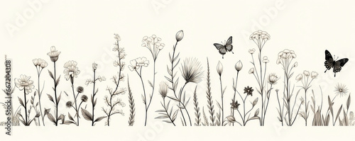 Outline Style Illustration Of Wildflowers, Herbs, Flowers, And Butterflies