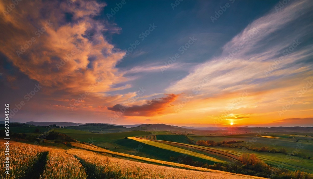 sunset over the field captivating 4k time lapse majestic sunrise sunset landscape with stunning nature s light and rolling colorful clouds generative ai
