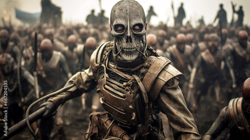 Fototapeta premium horror monster devil evil skeleton warrior and soldier, army attacking, apocalyptic apocalypse