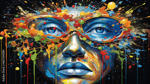 abstract, glasses, Young, diverse woman in vibrant and colorful painting wearing sunglasses.
