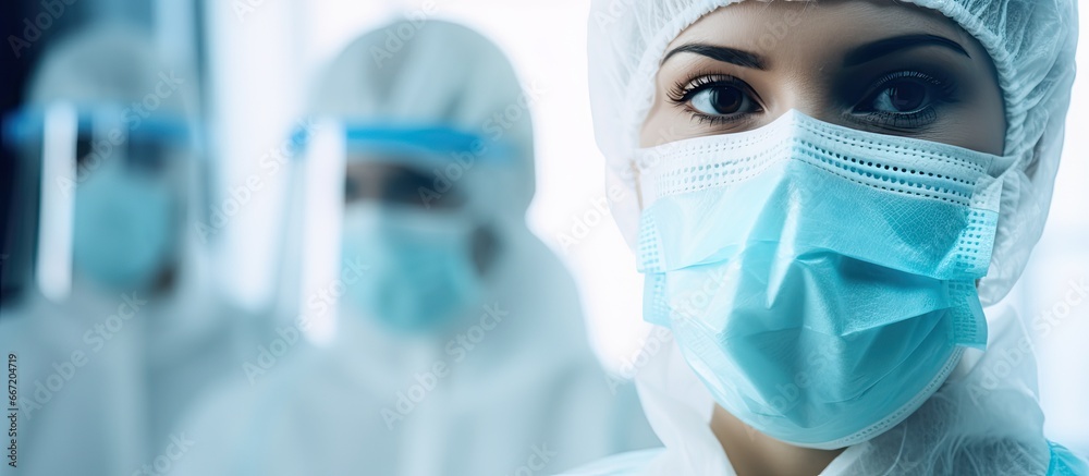 Female doctors in PPE combatting COVID 19 in dental waiting area Medical team wearing protective gear in dental reception for safety Female doctors in PPE combatting COVID 19 in dental waiting area Medical team wearing protective gear in dental reception for safety
