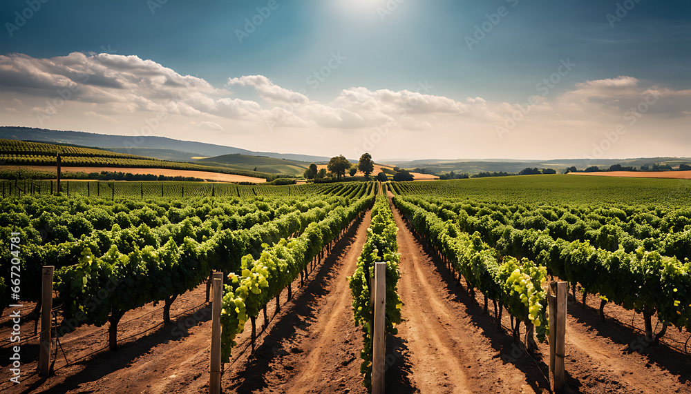  Beautiful rows of red grape vineyards in a summertime agricultural scene with a blue sky. Using text copyspace.